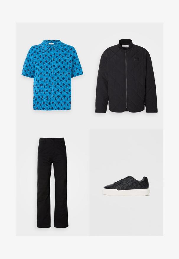 Fekete, steppelt dzseki álló gallérral, cipzáras záródással és diszkrét logófátyollal. Jellemzője a texturált felület és a gyémánt alakú mintázat.; Rövid ujjú ing kék szövetből, összefonódó vonalakkal díszített geometrikus mintával, galléros nyakkal és elöl gombos záródással.; Fekete pamut nadrág egyenes szárú kialakítással, gombos záródással és övhurkokkal. Sima textúra és minimalista stílus, látható minták nélkül.; Fekete sneaker, geometrikus textúrával az oldalon, sima orrésszel és fehér gumitalppal. Kerek cipőfűzőkkel és alacsony szárú dizájnnal rendelkezik.