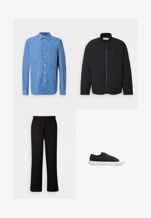 Zwarte gewatteerde jas met een staande kraag, ritsluiting en een subtiele logo patch. Heeft een gestructureerde afwerking en ruitvormige patronen.; Blauw overhemd met lange mouwen en verticale zwarte strepen, voorzien van knopen en een borstzak aan de voorkant, getoond op een witte achtergrond.; Zwarte broek met een relaxte pasvorm, gemaakt van lichte stof. Voorzien van een elastische tailleband, knoopsluiting en twee zijzakken.; Les Deux TREVOR - Sneakers laag - black