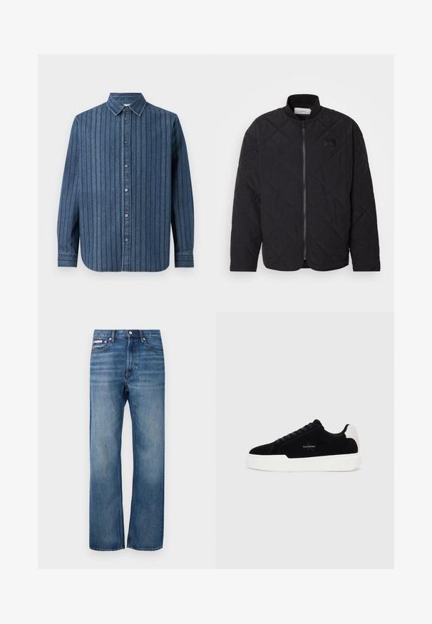 Mustmustriid jakki kõrgendatud krae, tõmblukuga ja diskreetne logo silt. Omab tekstuuriga pinda ja teemantkujundeid.; Samsøe Samsøe SADAMON SHIRT - Pluus - denim; Sinised sirged denim-laid püksid väheseäfadeeringuga, ees nupuga kinnitatud ja väike logo silt paremas ees taskus.; Mustad mustad tossussneaker valge tallaga ja kontsaabiga, nööbid ees, ja Calvin Kleini logo küljel.