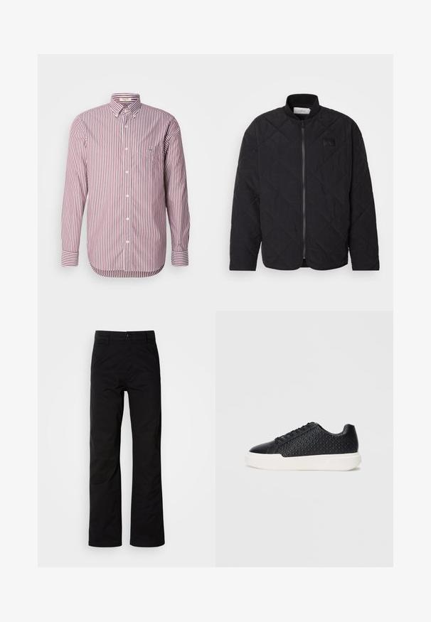 Μαύρο πουπουλένιο μπουφάν με ψηλό γιακά, κλείσιμο με φερμουάρ και διακριτικό λογότυπο. Διαθέτει υφή και διαμαντοειδή σχέδια.; GANT REG POPLIN STRIPE - Πουκάμισο - wine red; Μαύρο βαμβακερό παντελόνι με ίσια γραμμή, που διαθέτει κλείσιμο με κουμπί και θηλιές για ζώνη. Λείο υφή και μινιμαλιστικό στυλ χωρίς ορατά σχέδια.; Μαυροσνακς με γεωμετρική υφή στο πλάι, λεία άκρη, και λευκή καουτσούκ σόλα. Διαθέτει στρογγυλά κορδόνια και χαμηλό σχέδιο.