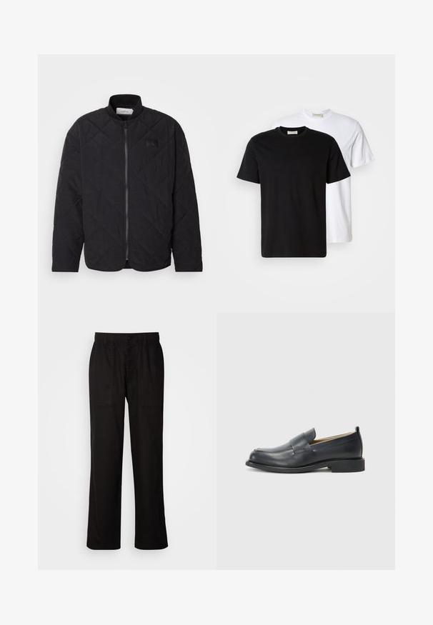 Black quilted jacket with a stand collar, zip closure, and a subtle logo patch. Features a textured finish and diamond-shaped patterns.; Two plain cotton T-shirts, one black placed in front of a white one, both with short sleeves and round necklines.; Black pants with a relaxed fit, made from lightweight fabric. Features an elastic waistband, button closure, and two front pockets.; Black leather loafers featuring a smooth finish, a flat sole, and a rounded toe with a decorative strap across the upper.