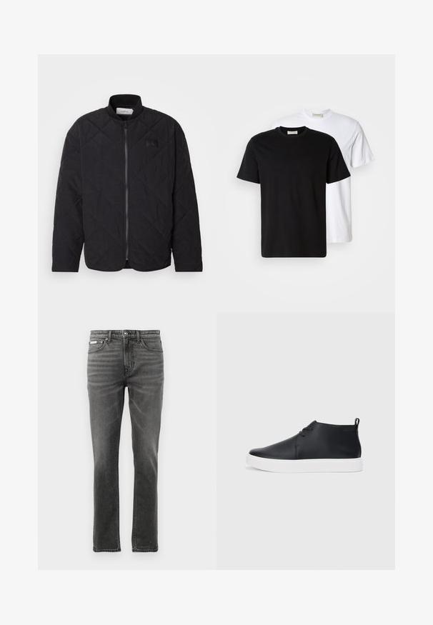 Mustmustriid jakki kõrgendatud krae, tõmblukuga ja diskreetne logo silt. Omab tekstuuriga pinda ja teemantkujundeid.; Kaks lihtsat puuvillast T-särki, must, mis on asetatud valge särgi ette, mõlemad lühikeste varrukatega ja ümmarguste kaelustega.; Tumedad hallid denim teksad sirge jalgade lõikega, viie tasku disainiga, õrnade pleekimistaskutega ning metallist detailidega vööosas.; Mustmust mustatooted, millel on sile nahk, valge kummist tald ja lihtne nööridega kinnitamine. Tagaküljel on tõmbeosadega.