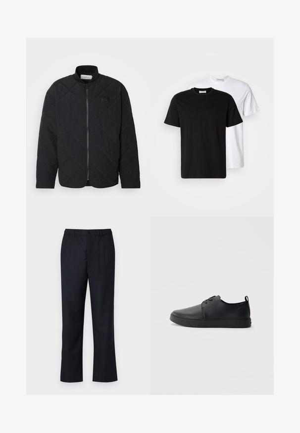 Black quilted jacket with a stand collar, zip closure, and a subtle logo patch. Features a textured finish and diamond-shaped patterns.; Two plain cotton T-shirts, one black placed in front of a white one, both with short sleeves and round necklines.; Dark navy trousers with a flat front, elastic waistband, and a single button closure. Made of smooth fabric with a straight leg design.; Black leather sneaker with a smooth finish, rounded toe, tonal stitching, lace-up front, and a flat rubber sole. Loop at the heel.