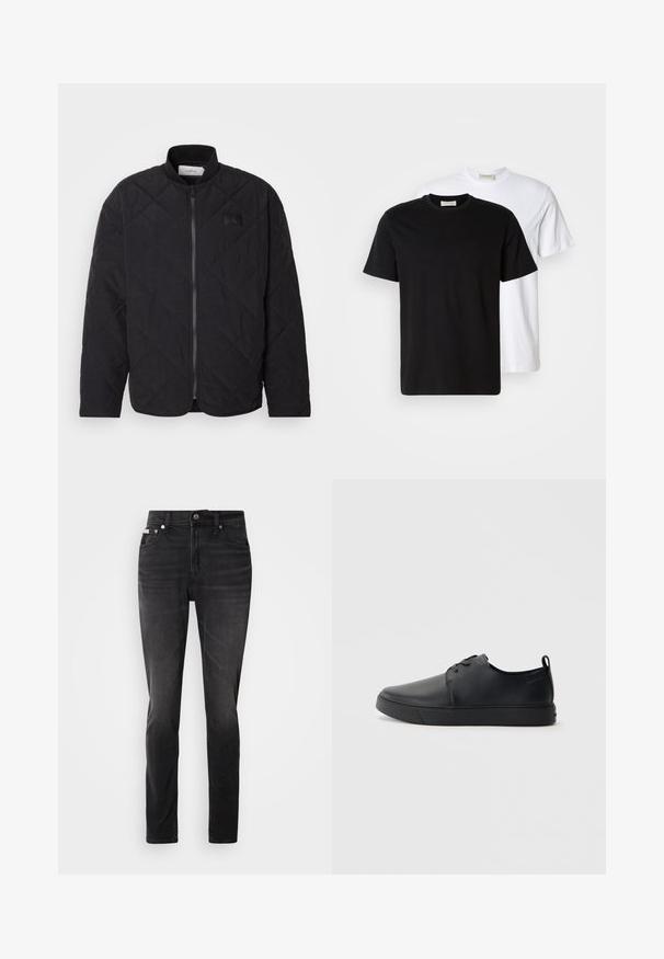 Svart quilted jakke med ståkrage, glidelås og en subtil logo-patch. Har en teksturert overflate og diamantformede mønstre.; To enkle bomulls T-skjorter, en svart plassert foran en hvit, begge med korte ermer og rund hals.; Svarte denimjeans med slim fit, fem lommer og knappeåpning. Har en subtil falming og sømdetaljer på lommene.; Svart lær sneakers med glatt overflate, rund tå, tonede sømmer, snøring foran og flat gummisåle. Løkke på hælen.