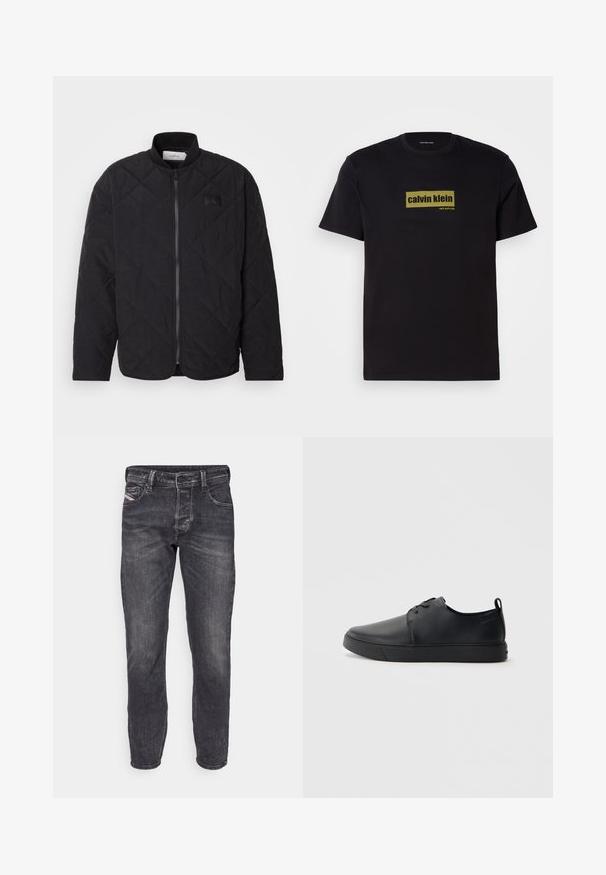Črna prešita jakna s stojnim ovratnikom, zadrgo in subtilno logotipno nalepko. Ima teksturirano površino in obliko diamanta.; Črna bombažna majica s kratkimi rokavi, ki ima pravokotni zeleni logotip z besedilom "calvin klein" in "new york city" v odebeljenem tisku.; Moške temno sive jeans hlače ravnega kroja, z gumbom in zadrgo za zapiranje, petimi žepi in subtilnimi podrobnostmi bledenja na tkanini.; Črne usnjene športne čevlje z gladko površino, okroglo oblikovano nosilo, toniranim šivanjem, vezanjem spredaj in ravnim gumijastim podplatom. Zanko na peti.