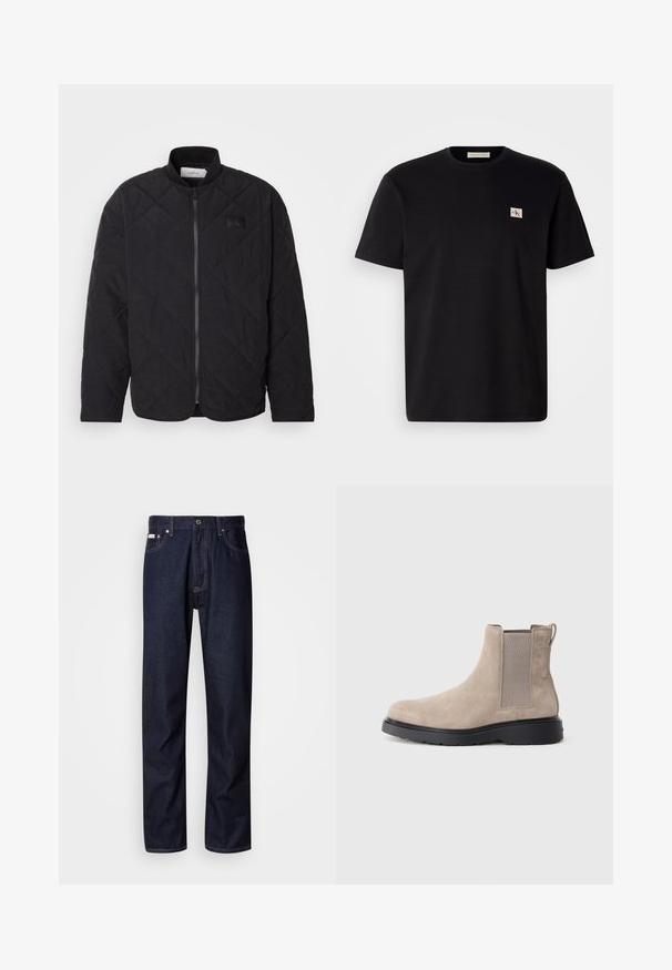 Black quilted jacket with a stand collar, zip closure, and a subtle logo patch. Features a textured finish and diamond-shaped patterns.; Black cotton t-shirt with short sleeves, crew neck, and a small embroidered logo on the left chest. Smooth texture, regular fit.; Dark blue denim jeans with a straight-leg design, featuring a button fly, five pockets, and contrasting stitching details.; Beige suede Chelsea boot with elastic side panels, a pull tab, and a black rubber sole. Sleek, rounded toe design.