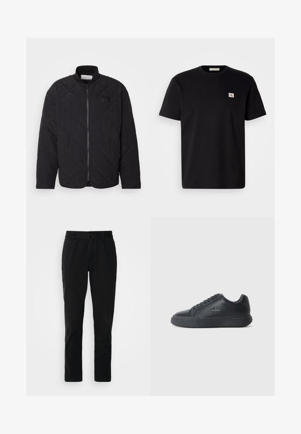 Black quilted jacket with a stand collar, zip closure, and a subtle logo patch. Features a textured finish and diamond-shaped patterns.; Black cotton t-shirt with short sleeves, crew neck, and a small embroidered logo on the left chest. Smooth texture, regular fit.; Black trousers made from cotton, featuring a straight-leg design, front pockets, a button closure, and a smooth, matte texture.; Black leather sneakers feature a rounded toe, flat sole, and lace-up design. Notable details include a subtle logo on the side.