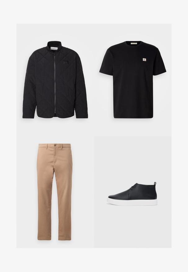 Svart quilted jakke med ståkrage, glidelås og en subtil logo-patch. Har en teksturert overflate og diamantformede mønstre.; Svart bomull t-skjorte med korte ermer, rund hals og en liten brodert logo på venstre bryst. Glatt tekstur, normal passform.; Beige chinos laget av bomull med en jevn tekstur, med glidelås og knappelukk. Rett ben-design, uten synlige mønstre eller detaljer.; Svart skinnhøye sneakers med glatt finish, hvit gummisole og enkelt snøringdesign. Har en løftestropp bak.
