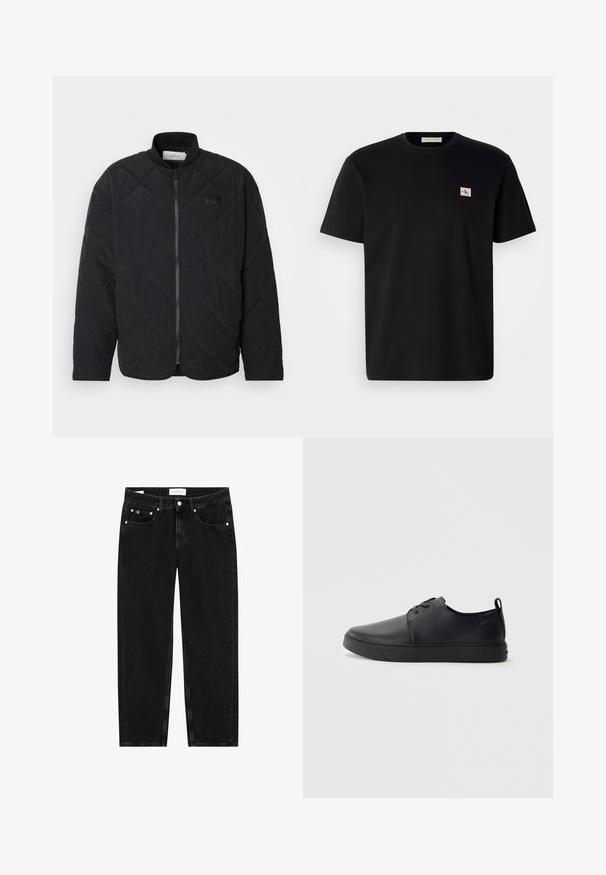 Μαύρο πουπουλένιο μπουφάν με ψηλό γιακά, κλείσιμο με φερμουάρ και διακριτικό λογότυπο. Διαθέτει υφή και διαμαντοειδή σχέδια.; Μαύρο βαμβακερό μπλουζάκι με κοντά μανίκια, στρογγυλή λαιμόκοψη και ένα μικρό καμπυλωτό λογότυπο στο αριστερό στήθος. Λείο ύφασμα, κανονική εφαρμογή.; Μαύρα τζιν παντελόνια με ίσια γραμμή, ελαφρώς φθαρμένη υφή, πέντε τσέπες και ασημένιες λεπτομέρειες. Ετικέτα στη ζώνη.; Μαύρο δερμάτινο αθλητικό παπούτσι με λεία επιφάνεια, στρογγυλή μύτη, τονικό ράψιμο, κορδόνια μπροστά και επίπεδη καουτσούκ σόλα. Βρόχος στην πτέρνα.