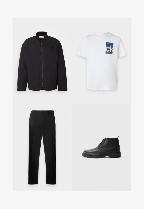 Jaqueta preta acolchoada com colarinho alto, fecho de correr e um discreto emblema. Apresenta um acabamento texturizado e padrões em forma de losango.; T-shirt branca de algodão com um bolso retangular azul com o logótipo "ck" e detalhes em texto em branco. Mangas curtas, decote redondo, ajuste regular.; Calças de fato pretas feitas de tecido suave, com um design de perna reta, pregas frontais e um fecho de botão na cintura.; Botas de couro pretas com acabamento texturizado, biqueira redonda, atacadores na frente e solado de borracha robusto. Apresenta um pequeno laço na parte traseira.