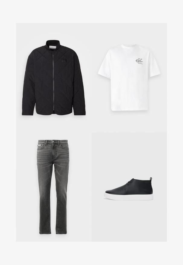 Melnā zizļu jakas ar stāvu apkakli, ar rāvējslēdzēju un mazu logotipa uzlīmi. Iespējamās struktūras apdare un dimanta formas raksti.; Balta kokvilnas T-krekls ar īsām piedurknēm, apaļo kaklu, ar melnu CK logotipu kreisajā krūšu zonā, standarta piegriezums, gluda tekstūra.; Tumši pelēki džinsi ar taisnu kājām, piecu kabatu dizains, smalkas izbalēšanas shēmas un metāla aksesuāri jostasvietā.; Melnas ādas augstas tenisa kurpes ar gludu apdari, baltu gumijas zoli un vienkāršu šņorēšanas dizainu. Aizmugurē ir vilkšanas cilpa.