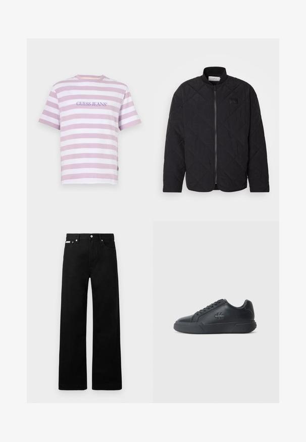 Melnā zizļu jakas ar stāvu apkakli, ar rāvējslēdzēju un mazu logotipa uzlīmi. Iespējamās struktūras apdare un dimanta formas raksti.; Violet un balts svītrotais īsās piedurknes T-krekls, izgatavots no kokvilnas, ar violetu izšuvuma logotipu centrāli novietotu krūtīs.; Melni džinsi ar platajiem bikšu dizainu, ar piecām kabatām un metāla pogām. Gluda tekstūra, bez redzamām rakstu detaļām.; Melni ādas sporta apavi ir ar noapaļotu purngalu, plakanu zoli un šņorējamu dizainu. Ievērības cienīgi ir smalks logo uz sānu.