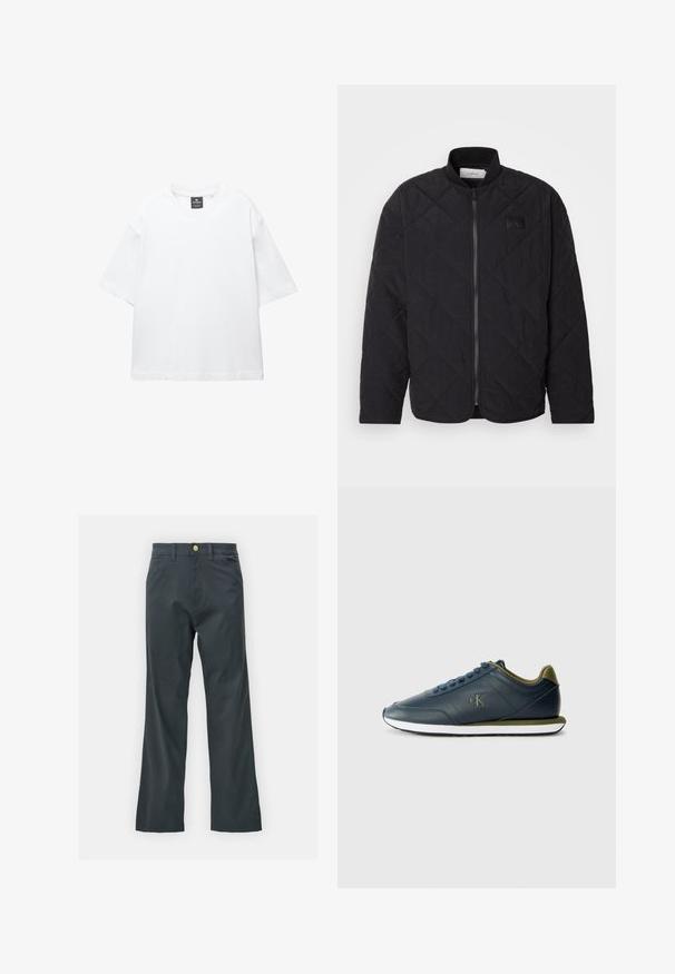 Schwarze gesteppte Jacke mit Stehkragen, Reißverschluss und einem dezenten Logo-Patch. Verfügt über eine strukturierte Oberfläche und diamantförmige Muster.; Weißes T-Shirt mit kurzen Ärmeln aus Baumwolle, das über einen Rundhalsausschnitt und einen lockeren Schnitt mit geradem Saum verfügt. Keine Muster oder Verzierungen.; Schwarze Hose mit geradem Bein, aus einem Baumwollmix. Verfügt über einen Metallknopfverschluss und seitliche Taschen. Keine sichtbaren Muster.; Calvin Klein Jeans RETRO RUNNER - Sneaker low - navy/capers