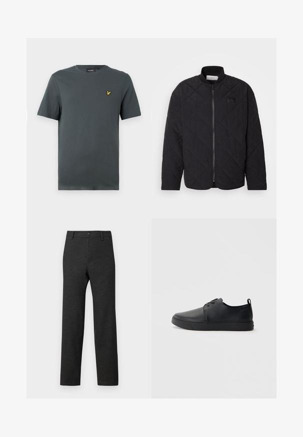 Melnā zizļu jakas ar stāvu apkakli, ar rāvējslēdzēju un mazu logotipa uzlīmi. Iespējamās struktūras apdare un dimanta formas raksti.; Lyle & Scott Pamata T-krekls - deep green; Tumši pelēki bikses, izgatavotas no auduma ar austu struktūru, ar taisnu kāju dizainu, jostas cilpiņām un vienu pogu aizdari jostas vietā.; Melnas ādas kedas ar gludu apdari, noapaļota purngala, tonāla šuvēm, auklu fronti un plakanu gumijas zoli. Cilpa pie papēža.