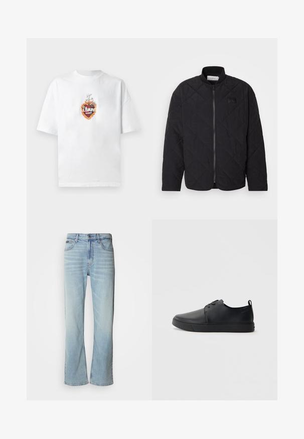 Jaqueta preta acolchoada com colarinho alto, fecho de correr e um discreto emblema. Apresenta um acabamento texturizado e padrões em forma de losango.; T-shirt branca de algodão com um design gráfico central que apresenta flores, um formato de coração e o texto "LSAINT N°01" em cores vibrantes.; Jeans de ganga azul claro com corte reto, apresentando cinco bolsos, fecho de botão e um ligeiro desvanecimento no tecido.; Sapatilha de couro preta com um acabamento liso, bico arredondado, costura ton sur ton, frente com atacadores e sola plana de borracha. Alça no calcanhar.