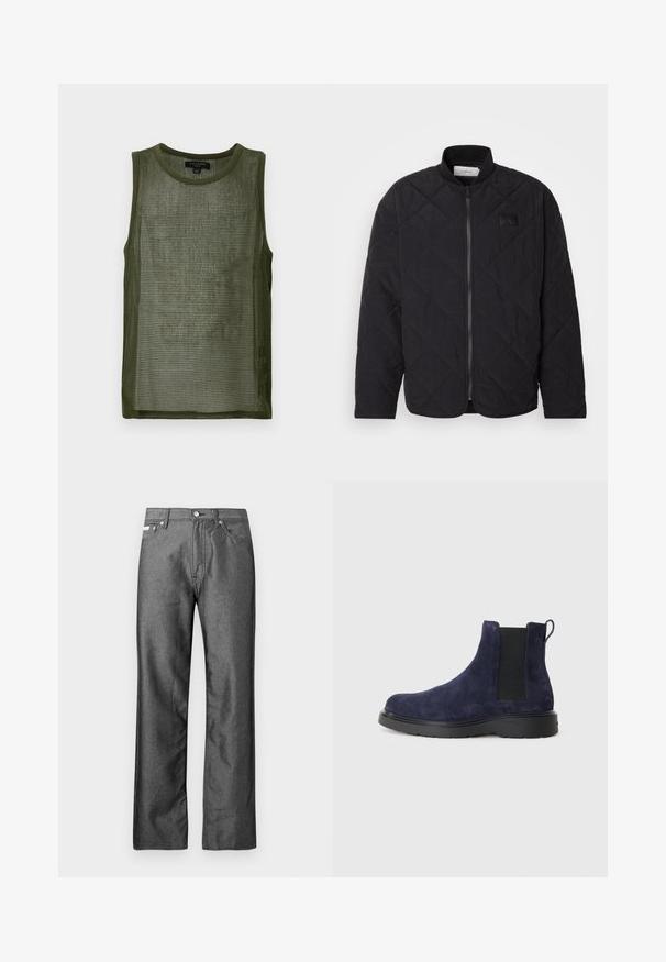 Mustmustriid jakki kõrgendatud krae, tõmblukuga ja diskreetne logo silt. Omab tekstuuriga pinda ja teemantkujundeid.; Olive roheline võrktopp, millel on ümmargune kaelus, varrukateta disain ja tekstuuriga kangas, millel on kogu pinna ulatuses ruudustik.; Hallid teksapüksid sirge sääredisaini, viie tasku ning metallist nööbi ja naelutistega. Omavad peent tekstuuri.; Tumesinine nahast Chelsea saapad elastsete külgpaelte ja tõmbluku abil. Must kummist tald tekstuuriga viimistlusega, et tagada haarduvus ja vastupidavus.