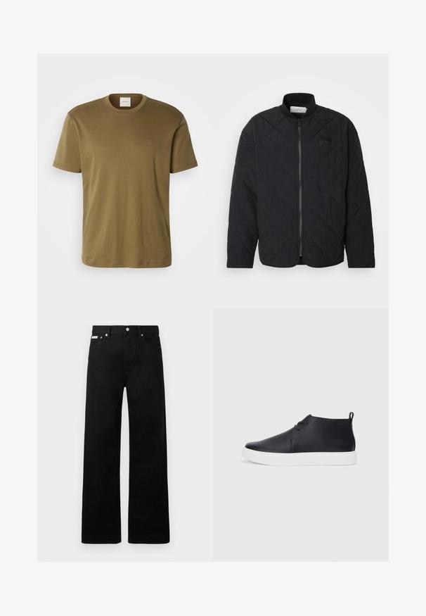 Crni jakna s vezom s uzorkom, zatvaranjem na patentni zatvarač i diskretnim logom. Ima teksturiranu završnu obradu i dijamantne oblike.; Maslinasto zeleni pamučni majica s okruglim izrezom, kratkim rukavima i malim izvezenim logotipom na grudima. Glatka tekstura i ležerni kroj.; Crne traperice širokog kroja, s pet džepova i metalnim dugmadi. Glatka tekstura, bez vidljivih uzoraka.; Crne kožne visoke tenisice s glatkom završnom obradom, bijelim gumene potplate i jednostavnim dizajnom vezanja. Imaju povlačenje na stražnjem dijelu.