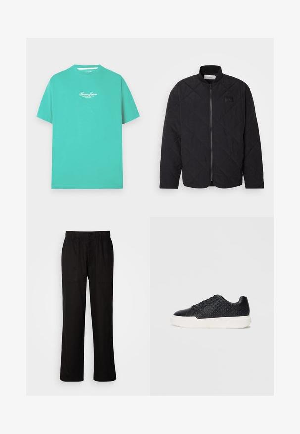 Black quilted jacket with a stand collar, zip closure, and a subtle logo patch. Features a textured finish and diamond-shaped patterns.; Teal cotton t-shirt with a crew neck and short sleeves. Features a white embroidered logo on the chest. Smooth, lightweight texture.; Black pants with a relaxed fit, made from lightweight fabric. Features an elastic waistband, button closure, and two front pockets.; Black sneaker with geometric texture on the side, smooth toe cap, and a white rubber sole. Features round laces and a low-top design.