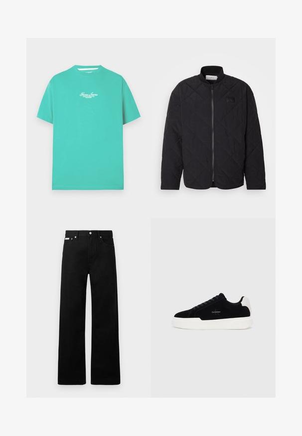 Jaqueta preta acolchoada com colarinho alto, fecho de correr e um discreto emblema. Apresenta um acabamento texturizado e padrões em forma de losango.; T-shirt de algodão azul-petróleo com gola redonda e mangas curtas. Apresenta um logótipo branco bordado no peito. Textura suave e leve.; Calças de ganga pretas com um design de pernas largas, apresentando cinco bolsos e fechos metálicos. Textura suave, sem padrões visíveis.; Sapatilha preta de cano baixo com sola e aba do calcanhar brancas, com atacadores à frente e logotipo da Calvin Klein na lateral.