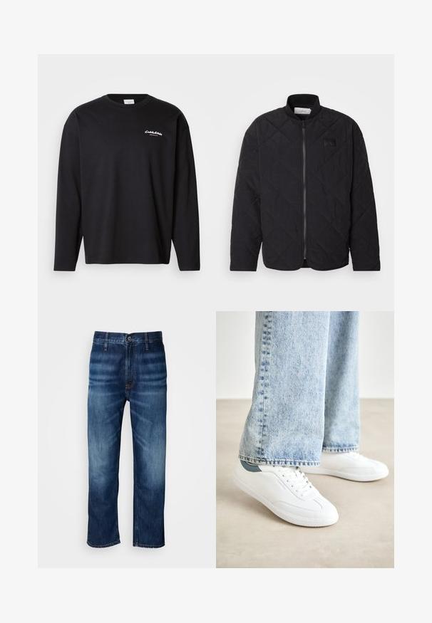 Μαύρο πουπουλένιο μπουφάν με ψηλό γιακά, κλείσιμο με φερμουάρ και διακριτικό λογότυπο. Διαθέτει υφή και διαμαντοειδή σχέδια.; Μαύρο μπλουζάκι με μακριά μανίκια, φτιαγμένο από βαμβάκι, με στρογγυλή λαιμόκοψη. Διαθέτει λευκό λογότυπο στο αριστερό στήθος και άνετη εφαρμογή. Λείο ύφασμα.; Σκούρες μπλε τζιν παντελόνες με ίσια γραμμή και διακριτική φθορά στα μηριά, με κουμπί στο λάστιχο της μέσης, εκτεθειμένες σε λευκό φόντο.; Λευκά αθλητικά παπούτσια με λείο υλικό, σχέδιο με κορδόνια, υφή από καουτσούκ στη σόλα και teal λεπτομέρεια στην φτέρνα, συνδυασμένα με ανοιχτό μπλε τζιν.