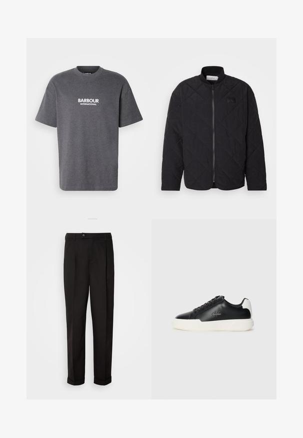 Black quilted jacket with a stand collar, zip closure, and a subtle logo patch. Features a textured finish and diamond-shaped patterns.; Gray cotton t-shirt with short sleeves, featuring a round neckline and white "BARBOUR INTERNATIONAL" text on the front.; Black trousers with a smooth texture, featuring a straight cut, two front pockets, and a single button closure at the waist.; Black leather sneakers with white rubber sole. Features round toe, lace-up design, and logo detail on the side. Rear accent in white.