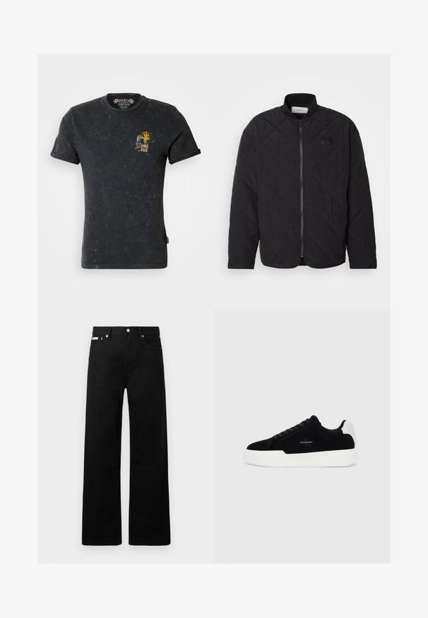 Μαύρο πουπουλένιο μπουφάν με ψηλό γιακά, κλείσιμο με φερμουάρ και διακριτικό λογότυπο. Διαθέτει υφή και διαμαντοειδή σχέδια.; Μαύρο βαμβακερό t-shirt με χαλαρή εφαρμογή, με γραφικό μπροστά που απεικονίζει ένα κρανίο, φλόγες και τριαντάφυλλο. Μπλέκας υφή, κοντά μανίκια.; Μαύρο τζιν παντελόνι με φαρδιά γραμμή, διαθέτει πέντε τσέπες και μεταλλικά κουμπιά. Λείος υφάσματος, χωρίς ορατά σχέδια.; Μαύρα χαμηλά αθλητικά παπούτσια με λευκή σόλα και τακούνι, με κορδόνια μπροστά και λογότυπο Calvin Klein στο πλάι.