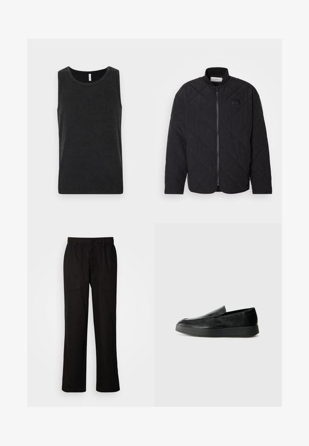 Black quilted jacket with a stand collar, zip closure, and a subtle logo patch. Features a textured finish and diamond-shaped patterns.; Black cotton tank top with a round neckline, sleeveless design, and a smooth texture. Features a simple and classic cut.; Black pants with a relaxed fit, made from lightweight fabric. Features an elastic waistband, button closure, and two front pockets.; Calvin Klein HYBRID CUP - Slip-ons - triple black