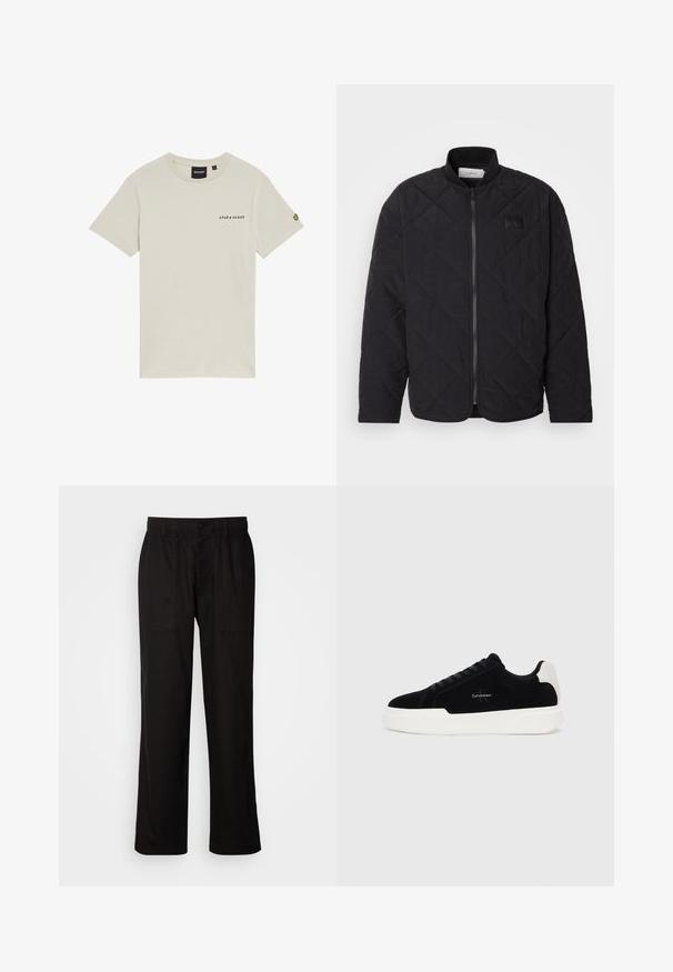 Juodas siuvinėtas švarkas su stovinčiu apykakle, užtrauktuku ir subtilia logotipo etikete. Siūlo tekstūruotą paviršių ir deimanto formos raštus.; Bežinis medvilninis marškinėlis su apvalia kaklo išpjova, trumpomis rankovėmis ir mažuoju "LYLE & SCOTT" logotipu, atspausdintu ant krūtinės. Rankovėje yra išsiuvinėtas logotipas.; Juodos kelnės su laisvu siluetu, pagamintos iš lengvos medžiagos. Yra elastingas juosmuo, mygtuko užsegimas ir dvi priekinės kišenės.; Juodos žemos sportinės bateliai su balta padais ir kulno juostele, susirišami priekyje, su Calvin Klein logo šone.
