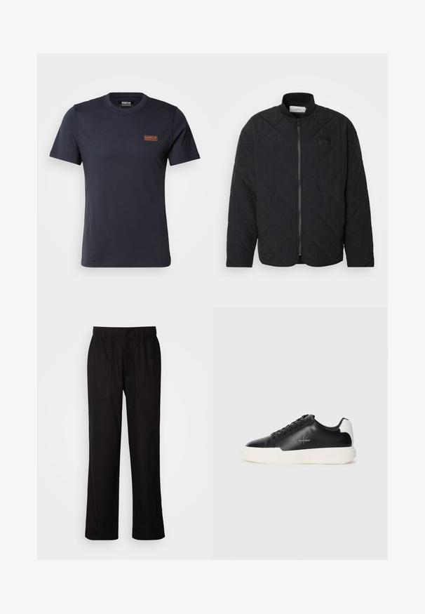 Black quilted jacket with a stand collar, zip closure, and a subtle logo patch. Features a textured finish and diamond-shaped patterns.; Navy blue T-shirt made of cotton with a classic crew neck, featuring a small orange logo on the left chest area and short sleeves.; Black pants with a relaxed fit, made from lightweight fabric. Features an elastic waistband, button closure, and two front pockets.; Black leather sneakers with white rubber sole. Features round toe, lace-up design, and logo detail on the side. Rear accent in white.