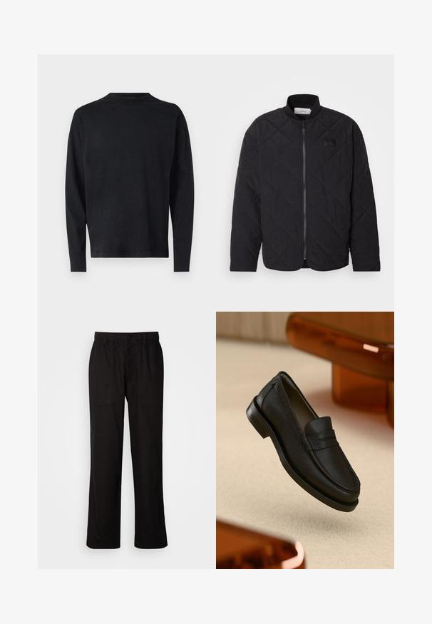 Black quilted jacket with a stand collar, zip closure, and a subtle logo patch. Features a textured finish and diamond-shaped patterns.; Black long-sleeve shirt made of soft fabric. Features a crew neckline and dropped shoulders. Smooth texture with no visible patterns.; Black pants with a relaxed fit, made from lightweight fabric. Features an elastic waistband, button closure, and two front pockets.; Black leather loafer with textured finish, featuring a stitched seam and rubber sole. Laid against a light-colored surface.