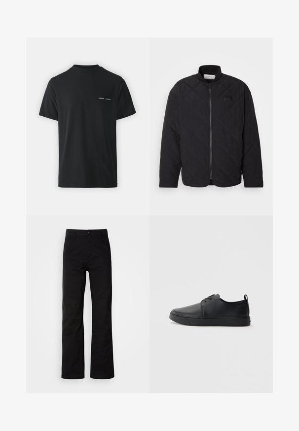 Zwarte gewatteerde jas met een staande kraag, ritsluiting en een subtiele logo patch. Heeft een gestructureerde afwerking en ruitvormige patronen.; Zwarte katoenen T-shirt met een klassieke ronde hals, korte mouwen en twee kleine witte "SAMSØE" logo's op de linkerkant van de borst.; Zwarte katoenen broek met een recht design, voorzien van een knoopsluiting en riemlussen. Gladde textuur en minimalistische stijl zonder zichtbare patronen.; Zwarte leren sneaker met een gladde afwerking, ronde neus, tonale stiknaden, vetersluiting aan de voorkant en een vlakke rubberen zool. Lussje aan de hak.