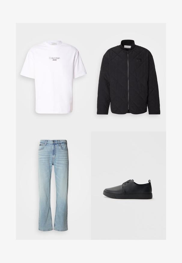 Jaqueta preta acolchoada com colarinho alto, fecho de correr e um discreto emblema. Apresenta um acabamento texturizado e padrões em forma de losango.; T-shirt branca de algodão com decote redondo e mangas curtas. Na frente, apresenta "Calvin Klein" numa fonte minimalista, acima de "JEANS."; Jeans de ganga azul claro com corte reto, apresentando cinco bolsos, fecho de botão e um ligeiro desvanecimento no tecido.; Sapatilha de couro preta com um acabamento liso, bico arredondado, costura ton sur ton, frente com atacadores e sola plana de borracha. Alça no calcanhar.