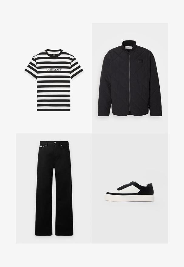 Mustat tikattu takki, jossa on pystykaulus, vetoketjusuljenta ja hillitty logopainatus. Omistaa tekstuurin ja timantinmuotoiset kuviot.; Musta-valkoinen raidoitettu t-paita, joka on valmistettu puuvillasta. Siinä on pyöreä pääntie ja edessä on brodeerattu "GUESS JEANS" -logo.; Mustat farkut leveällä lahkeella, joissa on viisi taskua ja metalliset napit. Sileä pinta, ei näkyviä kuvioita.; Matala kenkä mustasta mokasta ja valkoisista nahkapaneeleista, mustat nauhat ja paksu valkoinen kumipohja, näyttäen ulkopuolelta.
