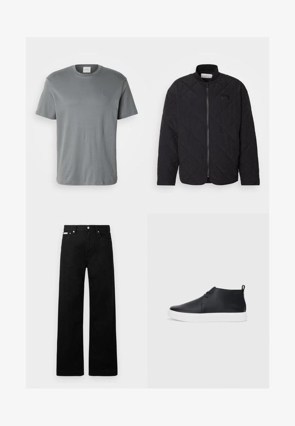 Jaqueta preta acolchoada com colarinho alto, fecho de correr e um discreto emblema. Apresenta um acabamento texturizado e padrões em forma de losango.; T-shirt cinza de algodão com gola redonda e mangas curtas. Apresenta um pequeno logótipo bordado no peito e bordas sem costura.; Calças de ganga pretas com um design de pernas largas, apresentando cinco bolsos e fechos metálicos. Textura suave, sem padrões visíveis.; Sapatilhas altas de couro preto com um acabamento suave, sola de borracha branca e um design simples de atacadores. Apresenta uma alça na parte de trás.