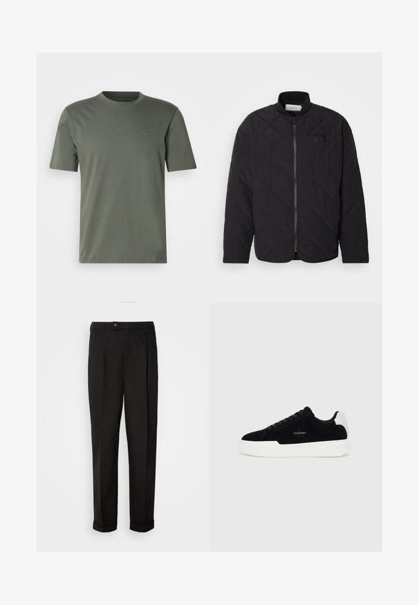 Giacca nera trapuntata con colletto alto, chiusura con zip e una discreta patch con logo. Presenta una finitura testurizzata e motivi a forma di diamante.; Maglietta verde oliva a maniche corte in materiale morbido con scollo tondo e un sottile logo ricamato sul lato sinistro del petto.; Pantaloni neri con una texture liscia, con taglio dritto, due tasche anteriori e chiusura con un singolo bottone in vita.; Sneaker nera bassa con suola e linguetta bianca, con lacci sulla parte anteriore e logo Calvin Klein sul lato.
