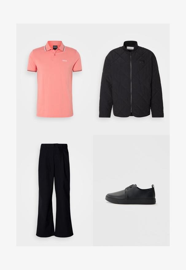 Černá prošívaná bunda se stojáčkem, zipovým zapínáním a jemným logem. Disponuje texturovaným povrchem a vzory ve tvaru diamantu.; Světle růžová polo košile vyrobená z bavlny. Obsahuje klasický límeček, zapínání na tři knoflíky a pruhované detaily na límci a rukávech.; Černé široké kalhoty vyrobené z bavlny s předním záhybem, s knoflíkovým zapínáním a poutky na pásek, hladká textura a bez viditelných vzorů.; Černé kožené tenisky s hladkým povrchem, zaoblenou špičkou, tónovým prošíváním, šněrovacím uzávěrem a plochou gumovou podrážkou. Očko na patě.