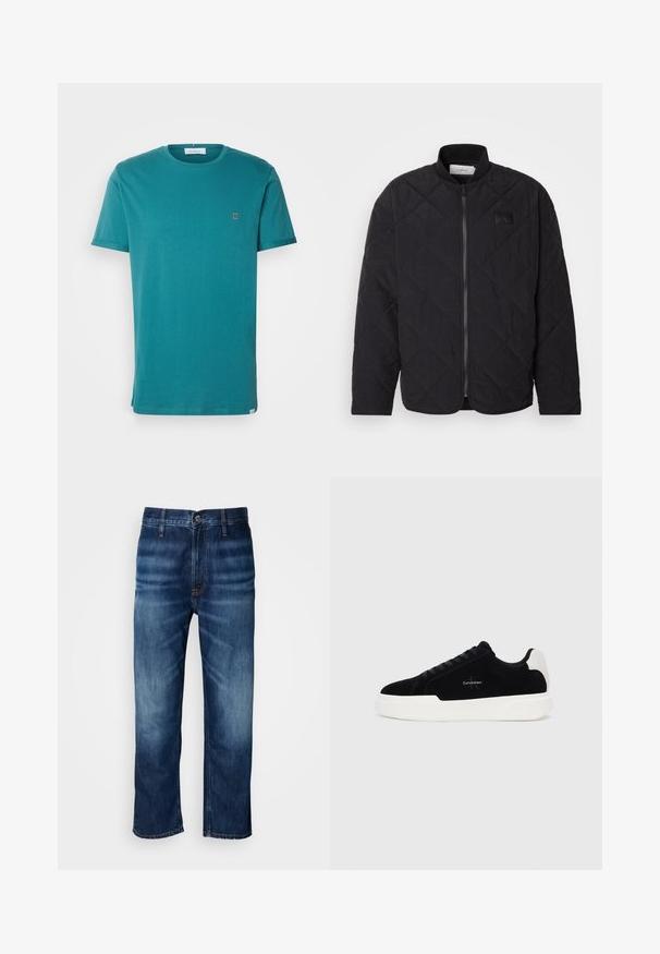 Melnā zizļu jakas ar stāvu apkakli, ar rāvējslēdzēju un mazu logotipa uzlīmi. Iespējamās struktūras apdare un dimanta formas raksti.; Tirkīza kokvilnas T-krekls ar apaļu apkakli, īsām piedurknēm un mazu zeltītu logotipu kreisajā krūtī. Gluda tekstūra, ikdienišķs dizains.; Tumši zilie taisnās kājas džinsi ar vieglu izbalēšanu uz augšstilbiem un pogu aizdari jostasvietā, attēloti uz baltā fona.; Melni zema profila sporta apavi ar baltu zoli un papēdi, ar šņorēm priekšpusē un Calvin Klein logo sānos.