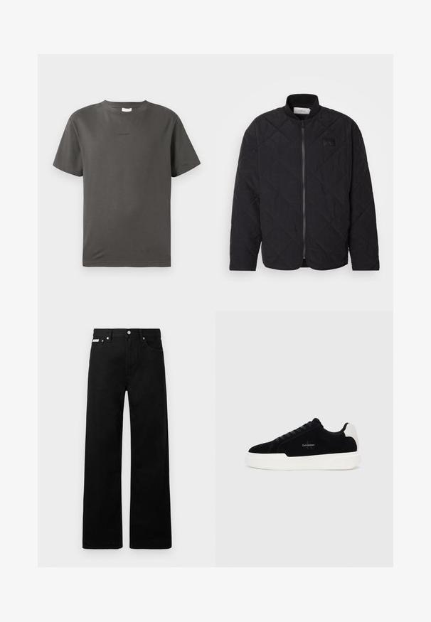 Black quilted jacket with a stand collar, zip closure, and a subtle logo patch. Features a textured finish and diamond-shaped patterns.; Gray cotton t-shirt with a crew neck and short sleeves. Features a small, understated logo on the front. Smooth texture and classic fit.; Black denim pants with a wide-leg design, featuring five pockets and metallic button hardware. Smooth texture, no visible patterns.; Black low-top sneaker with white sole and heel tab, lace-up front, and Calvin Klein logo on side.