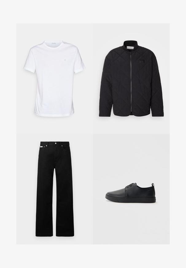Juodas siuvinėtas švarkas su stovinčiu apykakle, užtrauktuku ir subtilia logotipo etikete. Siūlo tekstūruotą paviršių ir deimanto formos raštus.; Balta medvilninė marškinėliai su trumpomis rankovėmis, apykaklės suapvalinimu ir maža prekės ženklo etiketė ant krūtinės. Lygi tekstūra ir minimalistiškas dizainas.; Juodos džinsinės kelnės su plačiu kojų dizainu, turinčios penkias kišenes ir metalinius sagčių akcentus. Lygus paviršius, be matomų raštų.; Juodos odinės sportinės bateliai su lygiu paviršium, suapvalinta nosimi, toniniais siūlais, raištelių užsegimu priekyje ir plokščiu guminiu padu. Kilpelė ant kulno.
