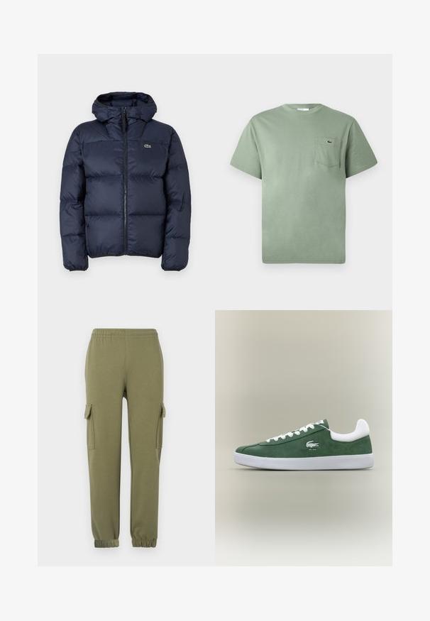 Mörkblå vadderad jacka med dragkedja fram och huva. Har en quiltad design och en liten broderad logotyp på bröstet. Slätt, syntetiskt tyg.; Ljusgrön kortärmad bomull T-shirt med en bröstficka som har en liten broderad krokodil-logga.; Cargo-byxor i olivgrön lättviktsmaterial, med sidofickor, elastisk midja och avsmalnande muddar för en tät passform.; Lågprofil grön mockasneaker med vita snören, vit sula, vadderad hälen och broderad krokodil-logotyp med texten "ETB. 1933".