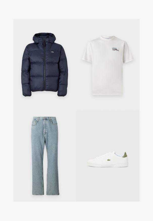Námorně modrá vycpaná bunda se zipem vpředu a kapucí. Obsahuje prošívaný design a malé vyšívané logo na hrudi. Hladká, syntetická tkanina.; Bílá bavlněná tričko s kulatým výstřihem, krátkými rukávy a malým vyšitým logem zobrazujícím hory a text na levé straně hrudi.; Světle modré džíny z denimu s vysokým pasem, širokými rovnými nohavicemi a jednoduchým prošíváním. Mají pět kapes a klasické zapínání na knoflík.; Bílé tenisky s hladkým povrchem, s zeleným akcentem na patě a malým vyšívaným logem krokodýla na boku.