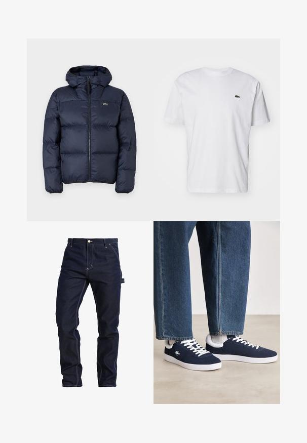 Casaco acolchoado azul-marinho com fecho éclair à frente e capuz. Apresenta um design quilted e um pequeno logótipo bordado no peito. Tecido sintético liso.; T-shirt de algodão branco com decote redondo, mangas curtas e um pequeno logótipo bordado verde no peito. Design clássico de corte reto.; Carhartt WIP RUCK SINGLE KNEE PANT - Calças de ganga de perna direita - blue rigid; Sapatilhas de tela azuis com atacadores brancos e solas de borracha, exibidas com calças de ganga e meios cinza canelados, sobre uma superfície cinza clara.