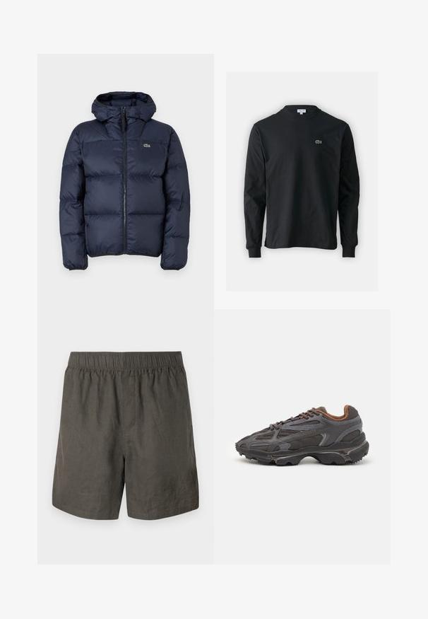 Laadukas tummansiniinen vuorattu takki, jossa on vetoketjukiinnitys ja huppu. Takissa on tikattu kuvio ja pieni brodeerattu logo rinnassa. Sileä, synteettinen kangas.; Musta pitkähiha t-paita, joka on valmistettu puuvillasta. Paita on varustettu pyöreällä kaula-aukolla ja vasemmassa rinnassa on pieni vihreä brodeerattu krokotiililogo.; Tummanharmaat pellavashortsit, joissa on joustava vyötärö, yksinkertainen muotoilu ja suora leikkaus, viimeistelty sivutaskuilla.; Lacoste-tennar i mörkgrått med nät- och syntetmaterial, med en texturerad sula och bruna accenter på kragen och märket.