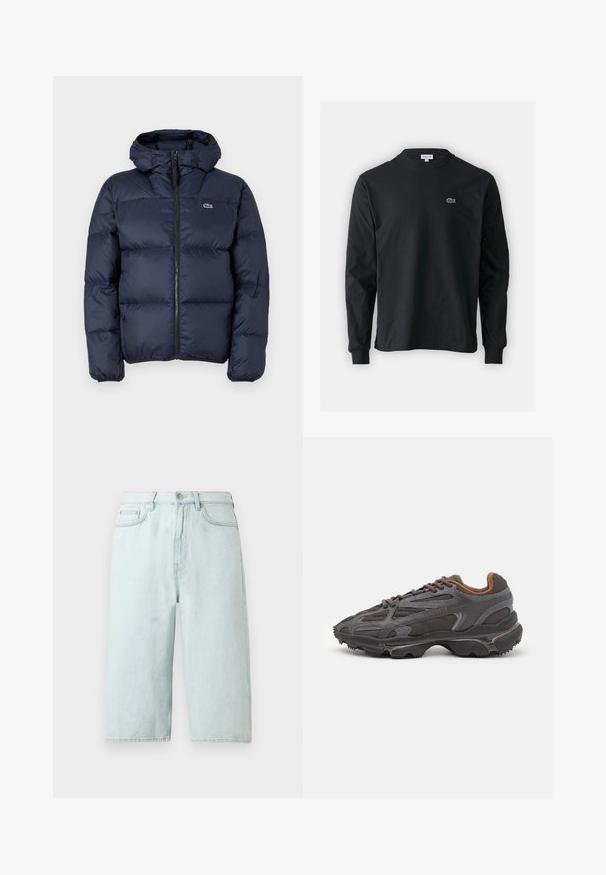 Navy blue padded jacket with a zip front and hood. Features quilted design and small embroidered logo on the chest. Smooth, synthetic fabric.; Black long-sleeve t-shirt made of cotton, featuring a round neckline and a small green embroidered crocodile logo on the left chest.; Light blue denim shorts with a straight leg design, mid-rise waist, front pockets, and a single back pocket, finished with subtle stitching.; Lacoste sneakers in dark gray with mesh and synthetic material, featuring a textured sole and brown accents on the collar and branding.