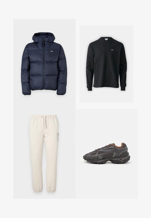 Granatowa pikowana kurtka z zamkiem z przodu i kapturem. Posiada wzór pikowania oraz małe haftowane logo na klatce piersiowej. Gładki, syntetyczny materiał.; Czarna koszulka z długim rękawem, wykonana z bawełny, z okrągłym dekoltem i małym haftowanym logo krokodyla w kolorze zielonym po lewej stronie klatki piersiowej.; Beżowe dresy wykonane z miękkiej bawełny, z elastyczną talią i sznurkiem, ściągaczami na nogawkach oraz nadrukowanym wzorem po boku.; Sneakers Lacoste w ciemnoszarym kolorze, wykonane z siateczki i materiału syntetycznego, z teksturowaną podeszwą oraz brązowymi akcentami na kołnierzu i logotypie.