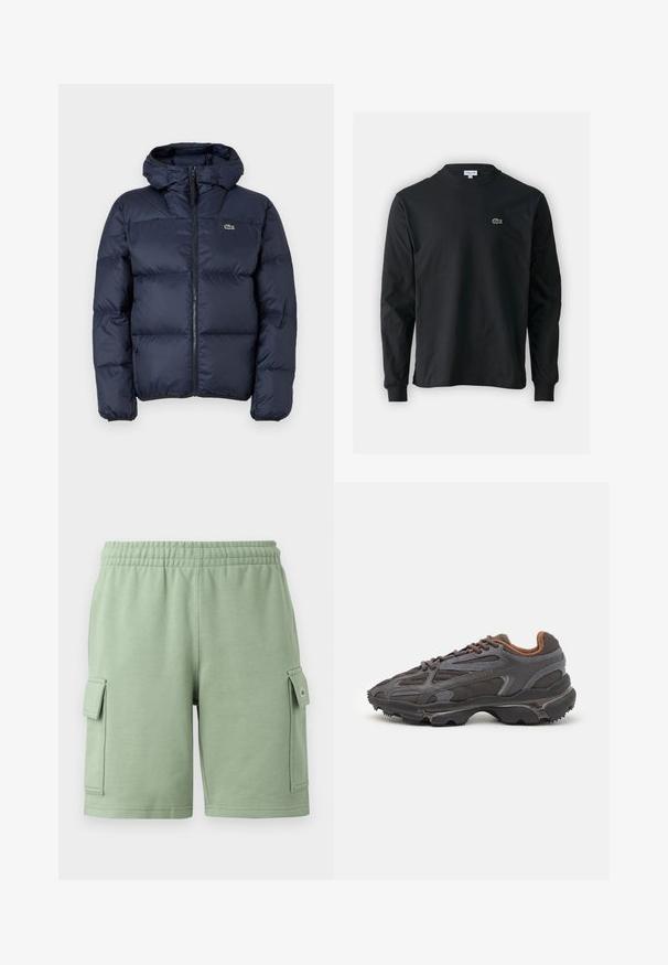 Veste matelassée bleu marine avec fermeture éclair à l'avant et capuche. Présente un design matelassé et un petit logo brodé sur la poitrine. Tissu synthétique lisse.; T-shirt noir à manches longues en coton, avec un col rond et un petit logo de crocodile brodé vert sur la poitrine gauche.; Shorts en coton verts avec une taille élastique, deux poches cargo latérales et un petit logo sur la poche gauche.; Baskets Lacoste en gris foncé, en matériau mesh et synthétique, avec une semelle texturée et des accents marron sur le col et le branding.