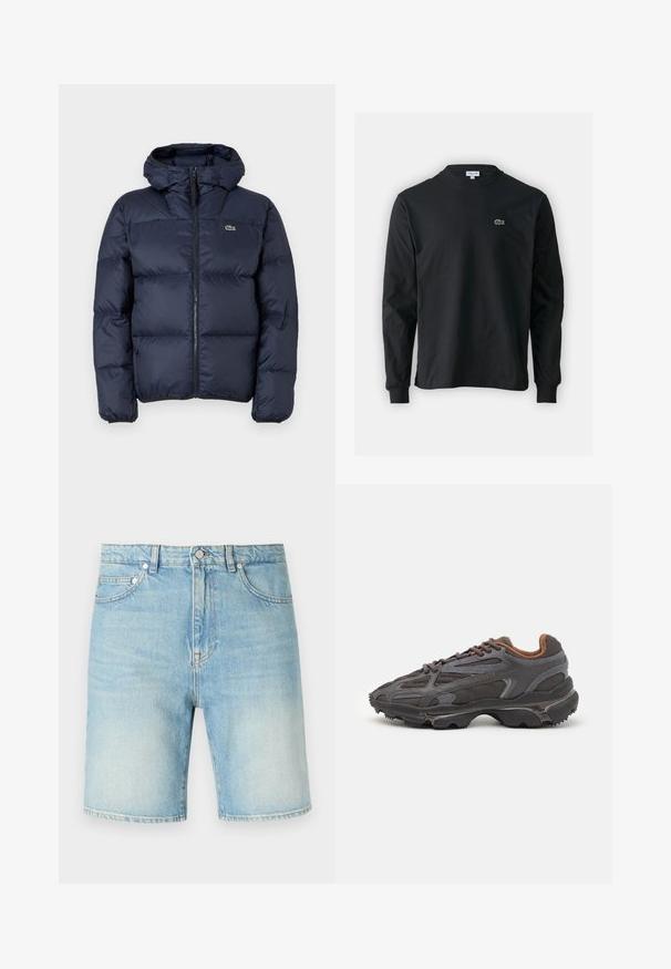 Jachetă căptușită de culoare albastru marin, cu fermoar în față și glugă. Prezintă un design matlasat și un mic logo brodat pe piept. Țesătură sintetică netedă.; Tricou negru cu mânecă lungă, realizat din bumbac, cu un guler rotund și un mic logo brodat cu un crocodil verde pe partea stângă a pieptului.; Șorturi din denim bleu deschis cu un design clasic cu cinci buzunare, închidere cu un nasture și o textură ușor distrusă pe material.; Adidași Lacoste de culoare gri închis, din material mesh și sintetic, cu o talpă texturată și accente maronii pe guler și branding.