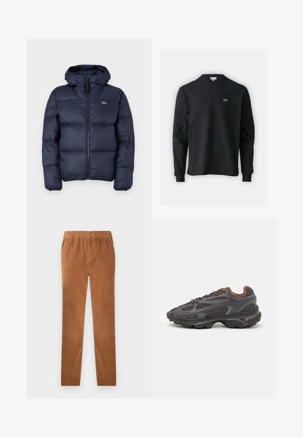Námorně modrá vycpaná bunda se zipem vpředu a kapucí. Obsahuje prošívaný design a malé vyšívané logo na hrudi. Hladká, syntetická tkanina.; Černé dlouhé rukávy triko vyrobené z bavlny, s kulatým výstřihem a malým zeleným vyšitým logem krokodýla na levé hrudi.; Hnědé kordáky s elastickým pasem a zapínáním na knoflík. Rovný střih a měkká, strukturovaná tkanina.; Sněrovací boty Lacoste v tmavě šedé barvě s síťovinou a syntetickým materiálem, prezentující texturovanou podrážku a hnědé detaily na límci a logu.