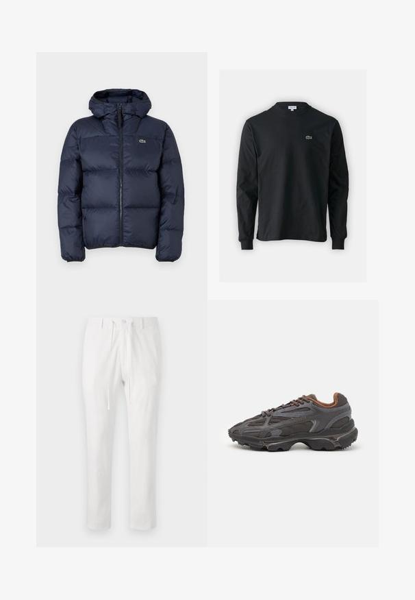 Navy blue padded jacket with a zip front and hood. Features quilted design and small embroidered logo on the chest. Smooth, synthetic fabric.; Black long-sleeve t-shirt made of cotton, featuring a round neckline and a small green embroidered crocodile logo on the left chest.; White cotton trousers with an elastic waistband, drawstring, and a button closure. Straight-leg design, smooth texture, no patterns or accents.; Lacoste sneakers in dark gray with mesh and synthetic material, featuring a textured sole and brown accents on the collar and branding.