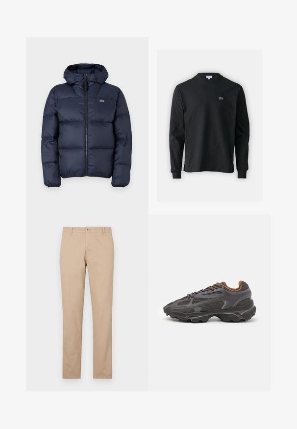 Navy blue padded jacket with a zip front and hood. Features quilted design and small embroidered logo on the chest. Smooth, synthetic fabric.; Black long-sleeve t-shirt made of cotton, featuring a round neckline and a small green embroidered crocodile logo on the left chest.; Beige pants made of cotton with a straight-leg cut, featuring a front button closure, side pockets, and subtle texture details.; Lacoste sneakers in dark gray with mesh and synthetic material, featuring a textured sole and brown accents on the collar and branding.